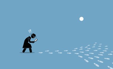 Detective having problem searching for the source of location with scattered footprints. Vector illustration concept of ambiguity, confusion, issue pin pointing direction, elusive, and unclear. clipart