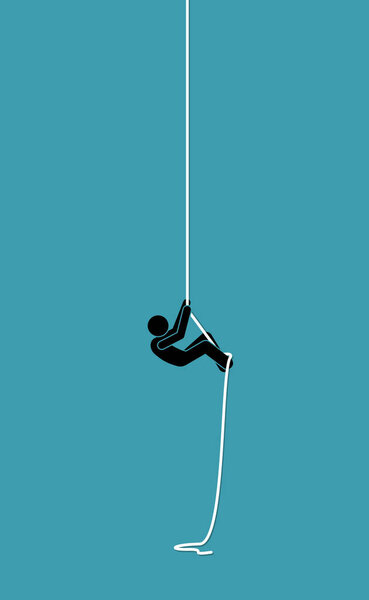 Stick figure man climbing up on a rope. Vector illustration concept of determination, effort, strength, and challenge. 