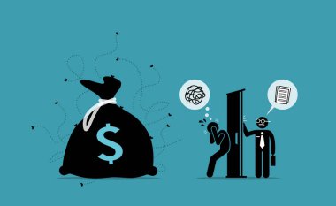 Vergi dairesi müfettişi kapıyı çalıp hesabı kontrol ederken adam kirli parayı evde tutuyor. Para aklama, yasadışı para, dolandırıcılık ve zimmete para geçirme illüstrasyon kavramı. 
