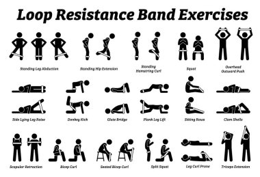 Loop resistance mini band exercises and stretch workout techniques in step by step. Vector illustrations of stretching exercises poses, postures, and methods with loop resistance band. vector Loop resistance mini band exercises and stretch workout techniques in step by step. Vector illustrations of stretching exercises poses, postures, and methods with loop resistance band. vector