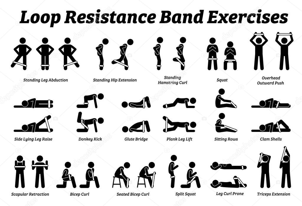 Loop resistance mini band exercises and stretch workout techniques in step by step. Vector illustrations of stretching exercises poses, postures, and methods with loop resistance band. 