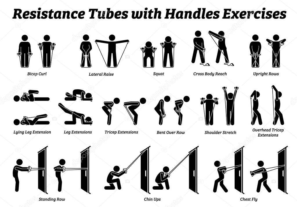 Resistance tubes band with handles exercises and stretch workout techniques in step by step. Vector illustrations of stretching exercises poses, postures, and methods with resistance tube band. 