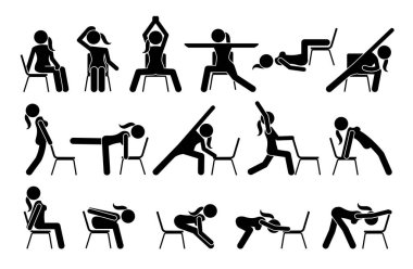 Sandalye yogası egzersizleri çubuk figürlü resim simgeleri. Yeni başlayanlar için sandalye yoga duruşu, poz ve egzersiz vektör çizimleri. 