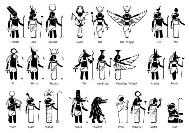Antik Mısır Tanrısı, Tanrıça ve simgelerdeki tanrılar. Popüler Mısır tanrıları Amon, Osiris, Isis, Horus, Anubis, Seth, Sobek, Taweret, Ptah, Sekhmet ve Bastet 'in temsilci çizimleri.