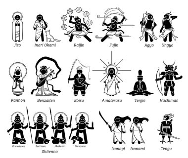Japon Kami Tanrıça Tanrıları figür simgeleri. Japonya 'nın popüler tanrıları Jizo, Inari Okami, Raijin Fujin, Agyo Ungyo, Kannon, Benzaiten, Amaterasu, Shitenno ve Hachiman' ın temsilcileri..