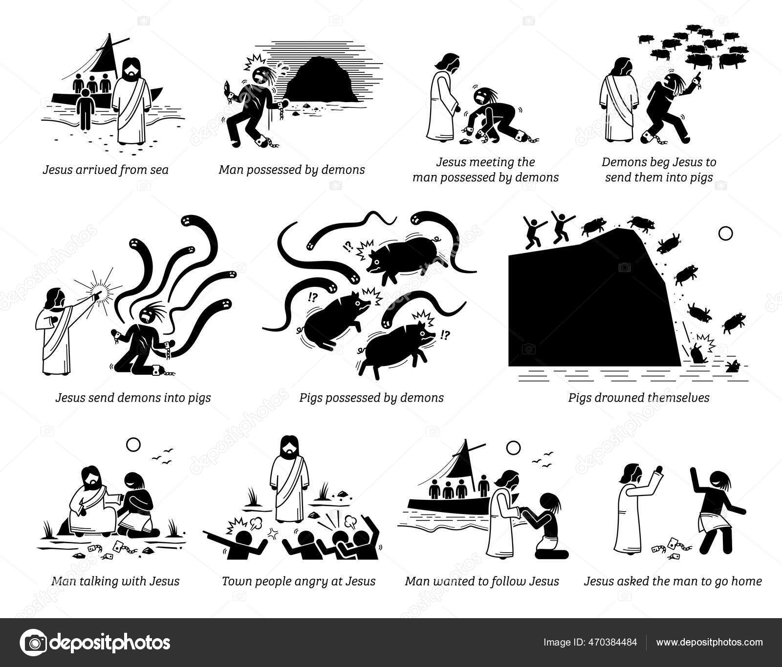 基督耶稣在圣经故事中对日耳山魔鬼的驱魔新约病媒图解加泰利猪的奇迹和军团的驱魔图库矢量图©leremy 470384484, image size:1600x1365