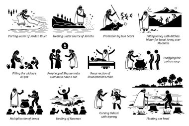Miracles by prophet Elisha in Christian bible biblical God story from the Old Testament. Vector illustrations list of miracles done by prophet Elisha part 1 of 2. clipart