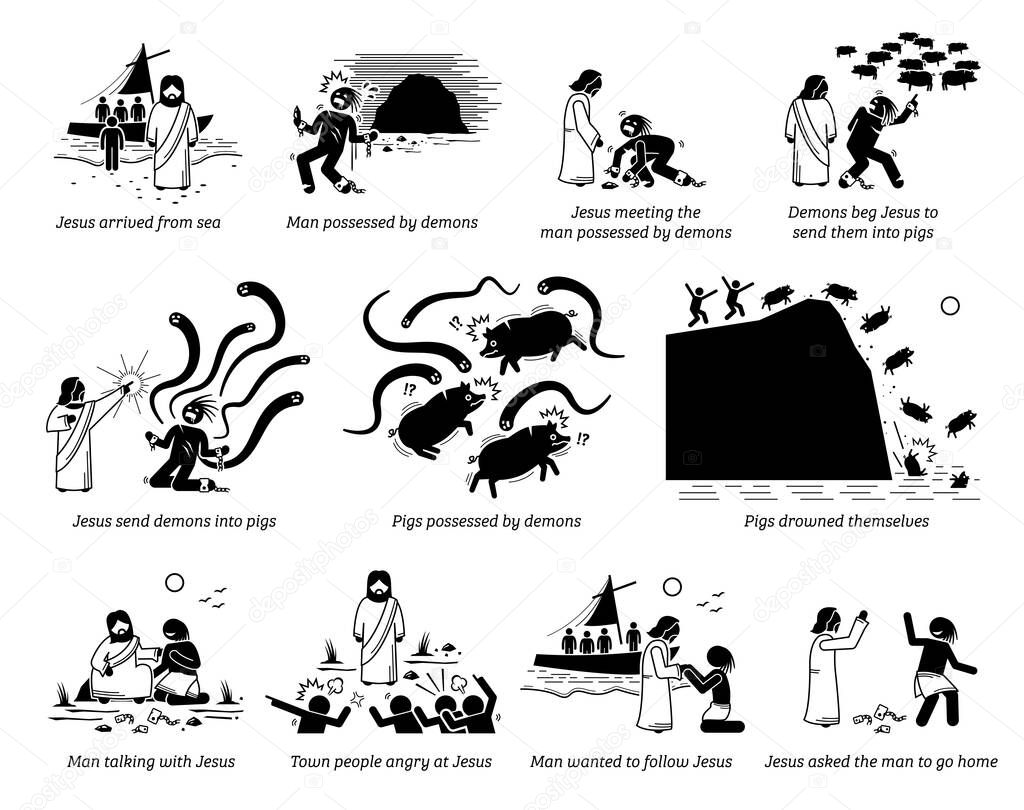 Exorcism of the Gerasene demoniac by Jesus Christ in bible story new testament. Vector illustrations artworks of miracle of the Gadarene swine and the exorcism of Legion.