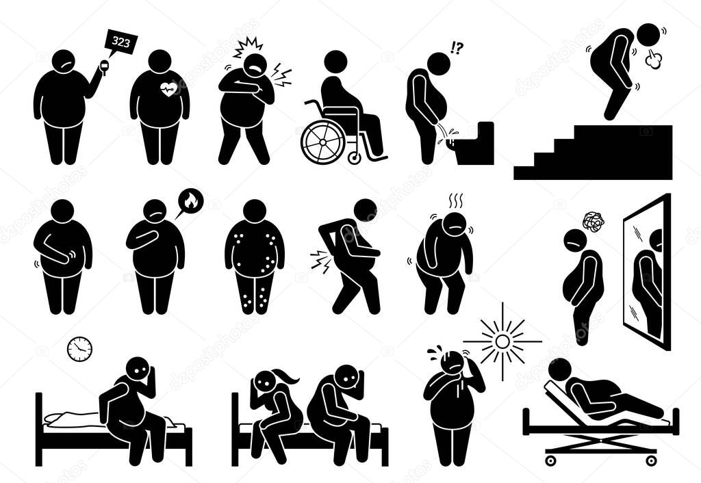 Symptoms of obesity, physical health problem and complications from overweight. Vector illustrations depict fat and obese problems that impact a person quality of life, physical and mental issue. 