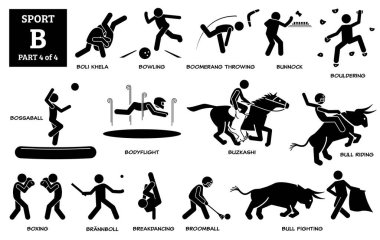 Spor oyunları alfabesi B vektör simgeleri pictogram. Boli Khela, bowling, bumerang, bunnock, boulding, bossaball, bodyflight, buzkashi, bull biniciliği, boks, brannboll, breakdance, and broomball.