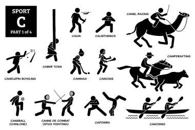 Spor oyunları alfabesi C vektör simgeleri pictogram. Calva, jimnastik, deve yarışı, mum bowlingi, çardak atma, cammag, kamuflaj, kamp yapma, kano çin lonu, canne de fight, capoeira, kano sporu..