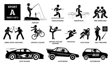 Spor oyunları alfabesi A vektör simgeleri pictogram. Balıkçılık, su sporları, su sporları, bilek güreşi, arnis, artistik bisiklet, paten kayma, araba yarışı, balta fırlatma, araba yarışı, otoyol yarışı ve otlak.. 