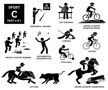 Spor oyunları alfabesi C vektör simgeleri pictogram. Okçuluk, bardak istifleme, dağ bisikletçiliği, koşu, Crossminton Speedminton, bisiklet topu, bigudi, bisiklet sürme, kesme ve binicilik..