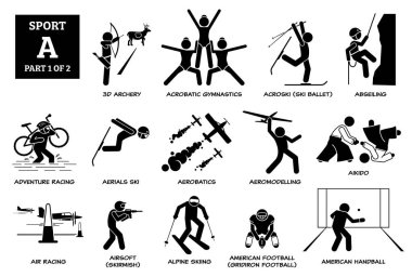 Spor oyunları alfabesi A vektör simgeleri pictogram. 3D okçuluk, akrobatik jimnastik, akroski, halatla kayma, macera yarışı, kayak, aikido, hava yumuşağı, alp kayağı, Amerikan futbolu ve Hentbol.
