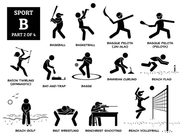 Spor oyunları alfabesi B vektör simgeleri pictogram. Beyzbol, basklı pelota, basse, sopa çevirme, Bavyera kıvırma, plaj bayrağı, golf, kemer güreşi, yedek atış ve voleybol..
