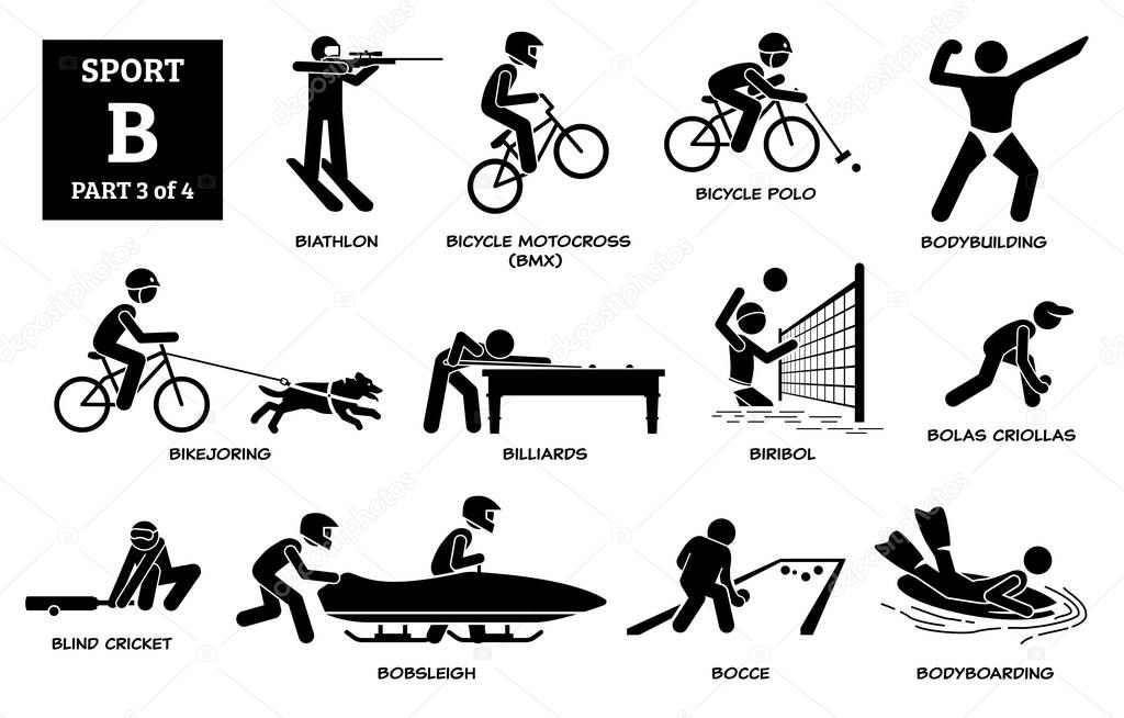 Sport games alphabet B vector icons pictogram. Biathlon, bicycle motocross, bicycle polo, bodybuilding, bikejoring, billiards, biribol, bolas criollas, blind cricket, bobsleigh, bocce, bodyboarding.