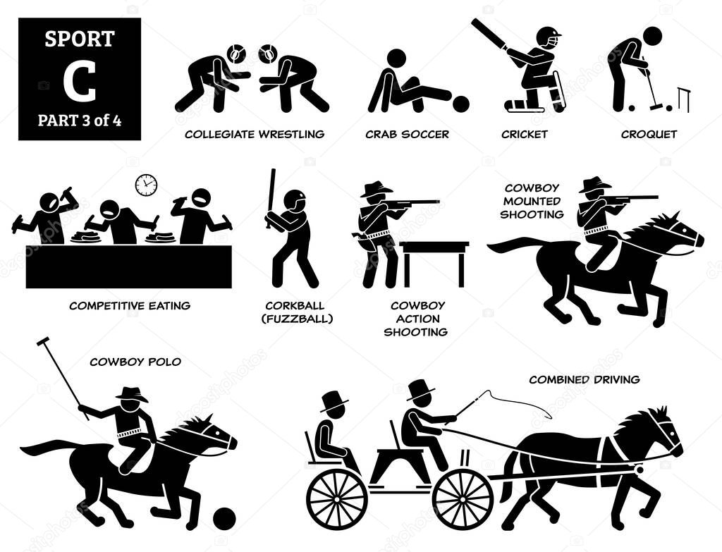 Sport games alphabet C vector icons pictogram. Collegiate wrestling, crab soccer, cricket, croquet, competitive eating, corkball fuzzball, cowboy action shooting, mounted polo, and combined driving. 