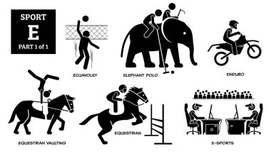 Spor oyunları alfabesi E vektör simgeleri pictogram. Ekvador, fil polosu, dayanıklılık, binicilik, binicilik, ve E-spor.