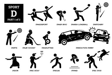 Spor oyunları alfabesi D vektör simgeleri pictogram. Dancesport, dandi biyo, danish longball, dart, dart, daur hokeyi, kaldırma, yıkım derbisi, digor, disk golfü, disko, dalış ve disk köpeği..