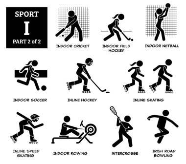 Spor oyunları alfabesi I vektör simgeleri pictogram. Kapalı alanda kriket, çim hokeyi, netbol, kapalı alanda futbol, iç sahada hokey, iç sahada paten, hız pateni, kürek çekme, interkros, İrlanda yol bowlingi.
