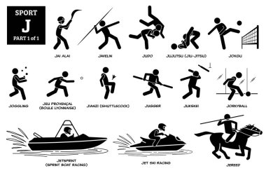 Spor oyunları alfabesi J vektör simgeleri pictogram. Jai alai, javelin, judo, jujutsu, jiu-jitsu, jokgu, jogging, jugger, jukskei, jorkyball, jet sprint, sprint, sprint, jet ski yarışı ve jereed. 