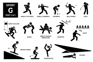 Spor oyunları alfabesi G vektör simgeleri pictogram. Galya futbolu, hentbol, ağ topu, gillidanda, golf, dev slalom, glima, Greko-Romen güreşi, gorodki, bağırsak, çimen kayağı, jimnastik ve süzülme..