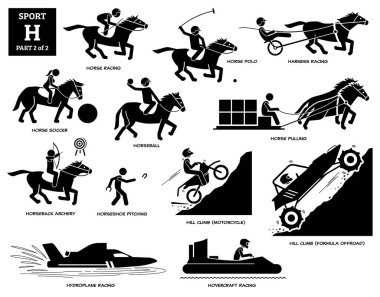 Spor oyunları alfabesi H vektör simgeleri pictogram. At yarışı, polo, futbol, koşum takımı yarışı, at yarışı, at sırtında okçuluk, atıcılık, tepe tırmanışı motosikleti, formül off-road, deniz uçağı ve hovercraft..