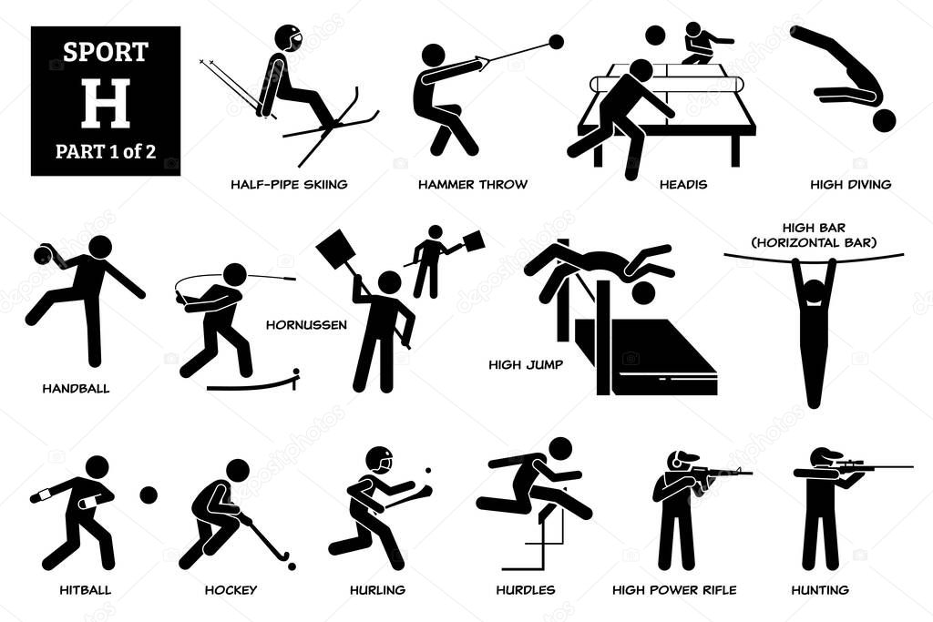 Sport games alphabet H vector icons pictogram. Half-pipe skiing, hammer throw, headis, high diving, handball, hornussen, high jump, horizontal high bar, hitball, hockey, hurling, hurdles, and hunting.