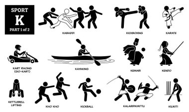 Spor oyunları alfabesi K vektör simgeleri pictogram. Kabaddi, kickboks, karate, kart yarışı, go-kart, kano, kemari, kendo, kettlebell kaldırma, kho kho, kickball, kalaripayattu ve Kilikiti.