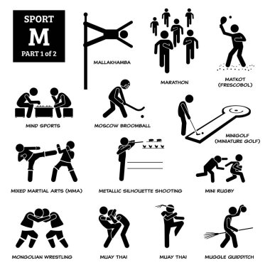 Spor oyunları alfabesi M vektör simgeleri pictogram. Mallakhamba, maraton, matkot, frescobol, akıl sporları, Moskova süpürgesi, mini golf, minyatür golf, MMA, mini rugby, muay thai ve metalik atış.