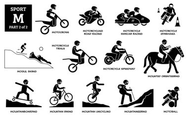 Sport games alphabet M vector icons pictogram. Motocross, motorcycling road racing, sidecar, gymkhana, mogul skiing, motorcycle trials, speedway, mounted orienteering, moutainboarding, and motoball. clipart