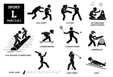 Spor oyunları alfabesi L vektör simgeleri pictogram. Lelo burti, lethwei, mektup boks, coğrafya, kütük yuvarlama, logrolling, longue paume, oduncu, uzun atlama, uzun yol, ve kızak.