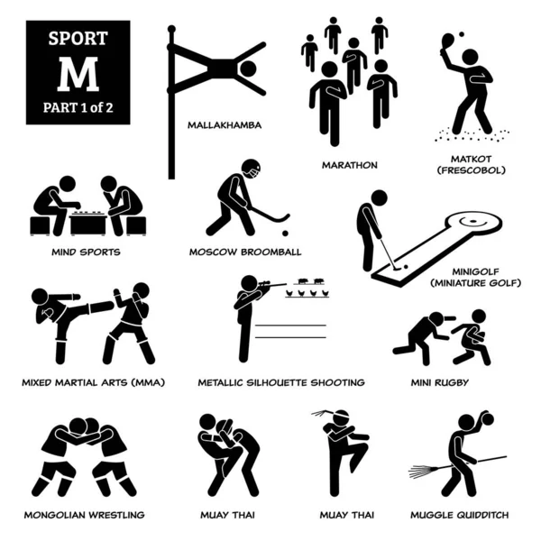 Esporte Jogos Alfabeto Ícones Vetoriais Pictograma Mallakhamba Maratona Matkot Frescobol — Vetor de Stock