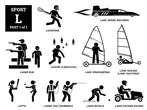 Juegos Deporte Alfabeto Vector Iconos Pictograma Lacrosse Récords Velocidad Tierra — Archivo Imágenes Vectoriales