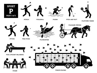 Spor oyunları alfabesi P vektör simgeleri pictogram. Peteca, picleball, pitch and putt, platform tenisi, pitton, ping pong, playboat, keyif sürüşü, havuz, poker ve güvercin yarışı..