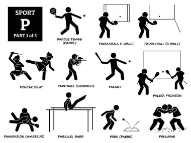 Spor oyunları alfabesi P vektör simgeleri pictogram. Raket tenis, padel, paddleball, pencak silat, paintball çarpışması, palant, paleta fronton, pankration amatör, paralel barlar, park paerk ve pehlwani. 