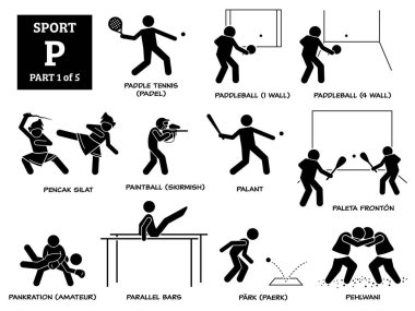 Sport games alphabet P vector icons pictogram. Paddle tennis, padel, paddleball, pencak silat, paintball skirmish, palant, paleta fronton, pankration amateur, parallel bars, park paerk, and pehlwani.  clipart