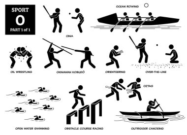 Spor oyunları alfabesi O vektör simgeleri pictogram. Oina, okyanus kürek çekme, yağlı güreş, okinawa kobudosu, oryantasyon, açık denizde yüzme, engelli parkur yarışı, oztag, kano yarışı.