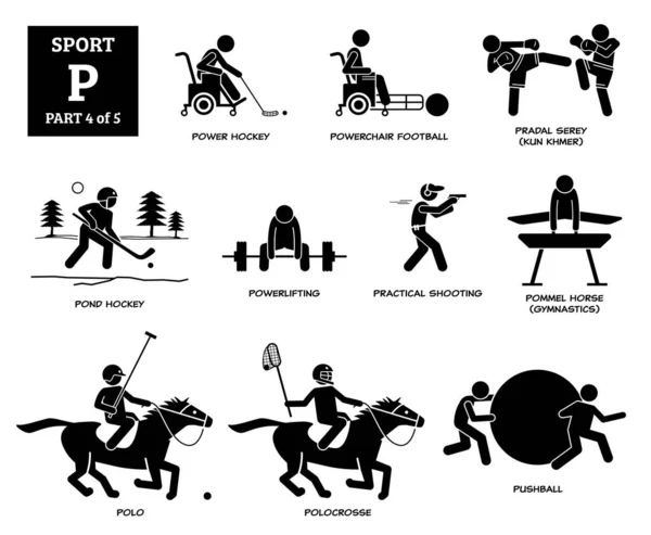 运动游戏字母表P矢量图标象形文字 力量曲棍球 轮椅足球 长椅赛 池塘曲棍球 实弹射击 波纹曲棍球和推球 — 图库矢量图片