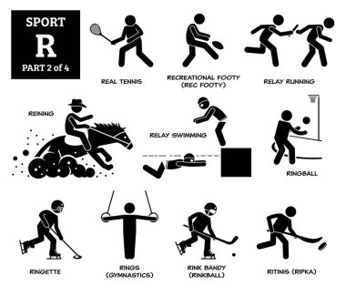 Sport games alphabet R vector icons pictogram. Real tennis, recreational footy, relay running, reining, relay swimming, ringball, ringette, rings gymnastic, rink bandy, and ritinis. clipart