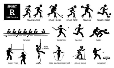 Spor oyunları alfabesi R vektör simgeleri pictogram. Paten, paten, paten hokeyi, derbi, yuvarlak top, futbol, kürek, rounders, koşu, ragbi, ragbi beşlikleri, halat tırmanışı, atlama, kayak ve yuvarlak ağ..