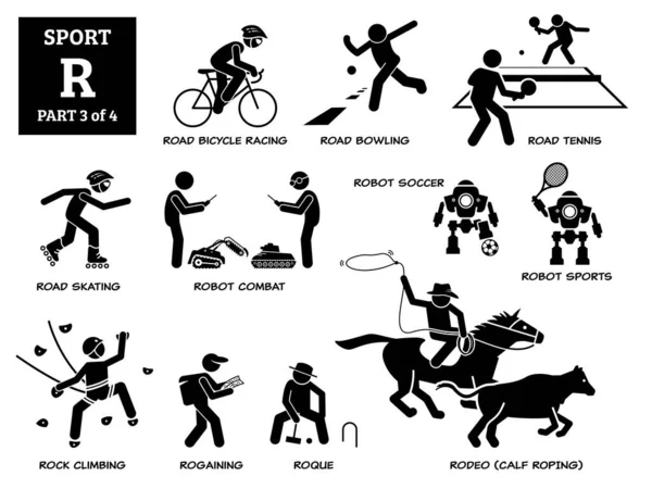 Spor Oyunları Alfabesi Vektör Simgeleri Pictogram Yol Bisikleti Yarışı Bowling — Stok Vektör