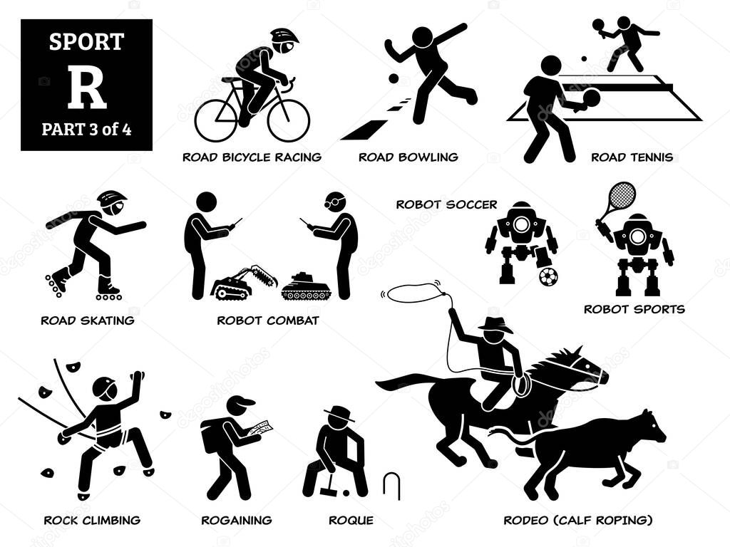 Sport games alphabet R vector icons pictogram. Road bicycle racing, bowling, tennis, skating, robot combat, robot soccer, sport, rock climbing, rogaining, roque, and rodeo calf roping. 