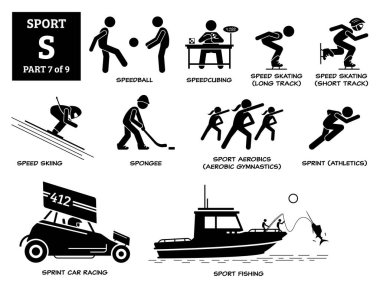 Spor oyunları alfabesi S vektör simgeleri pictogram. Speedball, Speedcubing, speed skating, speed ski, spongee, aerobik gymanstic, sprint athletic, sprint car race, and sport fishing. 