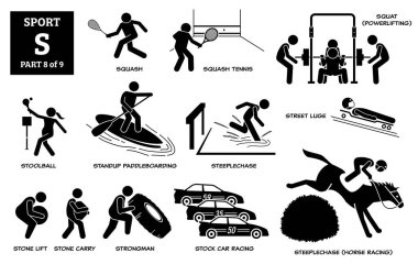 Spor oyunları alfabesi S vektör simgeleri pictogram. Squash, squash tenisi, squat, stoolball, standup paddleboard, engelli at, sokak kızağı, taş kaldırma taşı taşı, strong man, and stock car race.