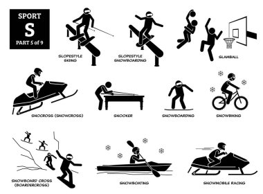 Sport games alphabet S vector icons pictogram. Slopestyle skiing snowboarding, slamball, snocross, snooker, snowboarding, snowbiking, snowboard cross, snowboating, and snowmobile racing. clipart