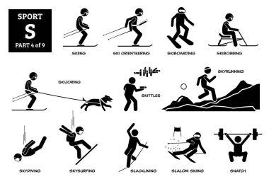 Spor oyunları alfabesi S vektör simgeleri pictogram. Kayak, kayak, kayak, kayak, kayak, kayak, skittles, skyrun, skydiving, skysurfing, slacklining, slalom ski ve snatch lift
