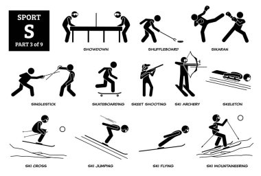 Spor oyunları alfabesi S vektör simgeleri pictogram. Showdown, shuffleboard, sikaran, tekli çubuk, kaykay, skeet atış, kayak okçuluğu, iskelet, kayakla atlama, kayakla atlama ve dağcılık..