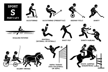 Spor oyunları alfabesi S vektör simgeleri pictogram. Scooterlama, scooter serbest stil, segway polo, şenlik, kürek çekme, oturak atma, şut atma, şut atma, acele sürüş, sepak çiğ, ve gösteri atlama.