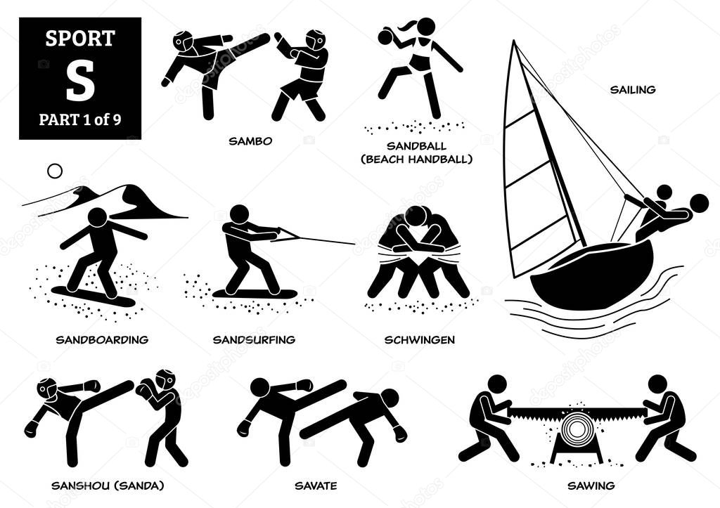 Sport games alphabet S vector icons pictogram. Sambo, sandball, beach handball, sailing, sandboarding, sandsurfing, schwingen, sanshou, sanda, savate, and sawing. 